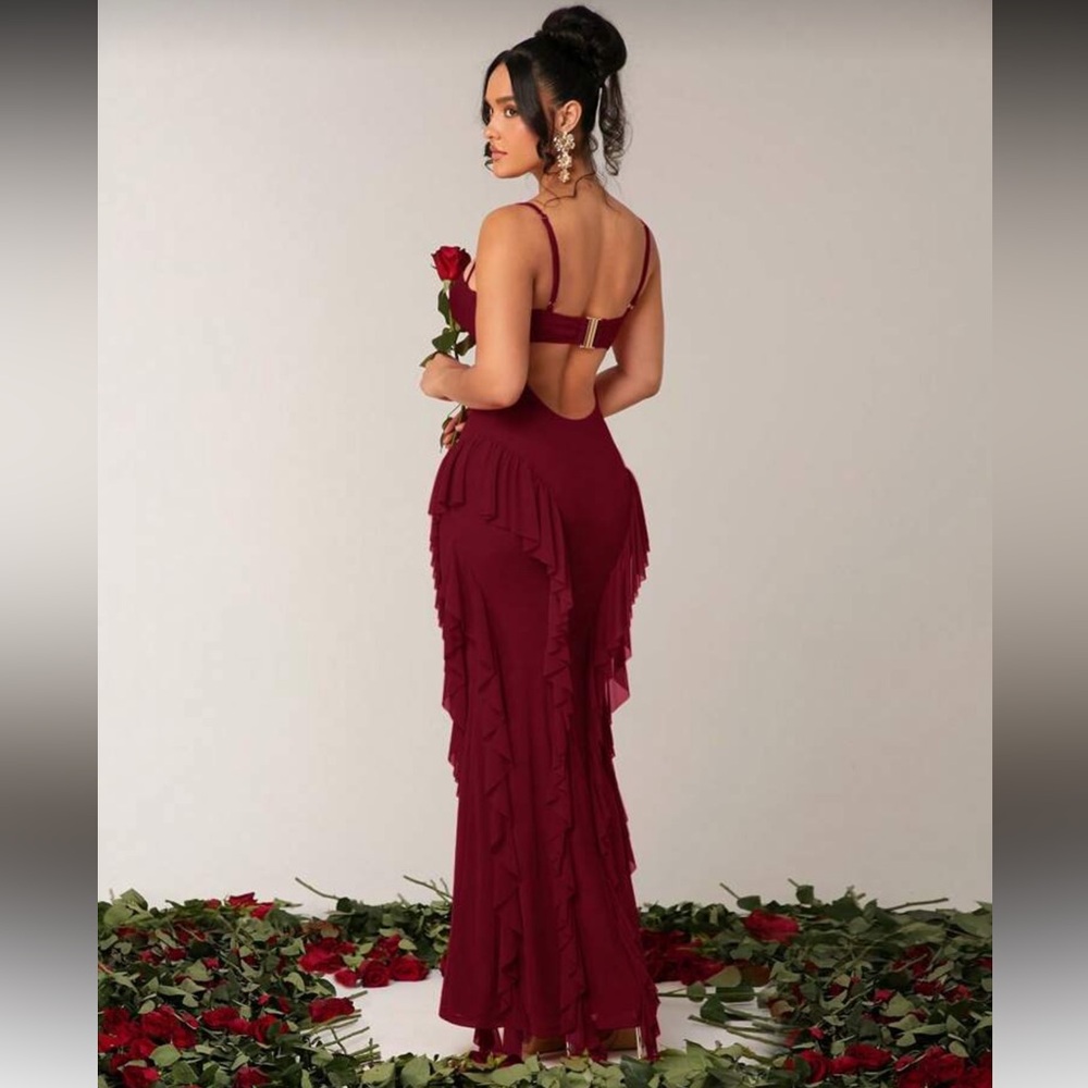 Burgund Ruffle Mermaid Maxi Dress Backless Spaghetti Strap Romantic Evening Gown - Picture 2 of 6